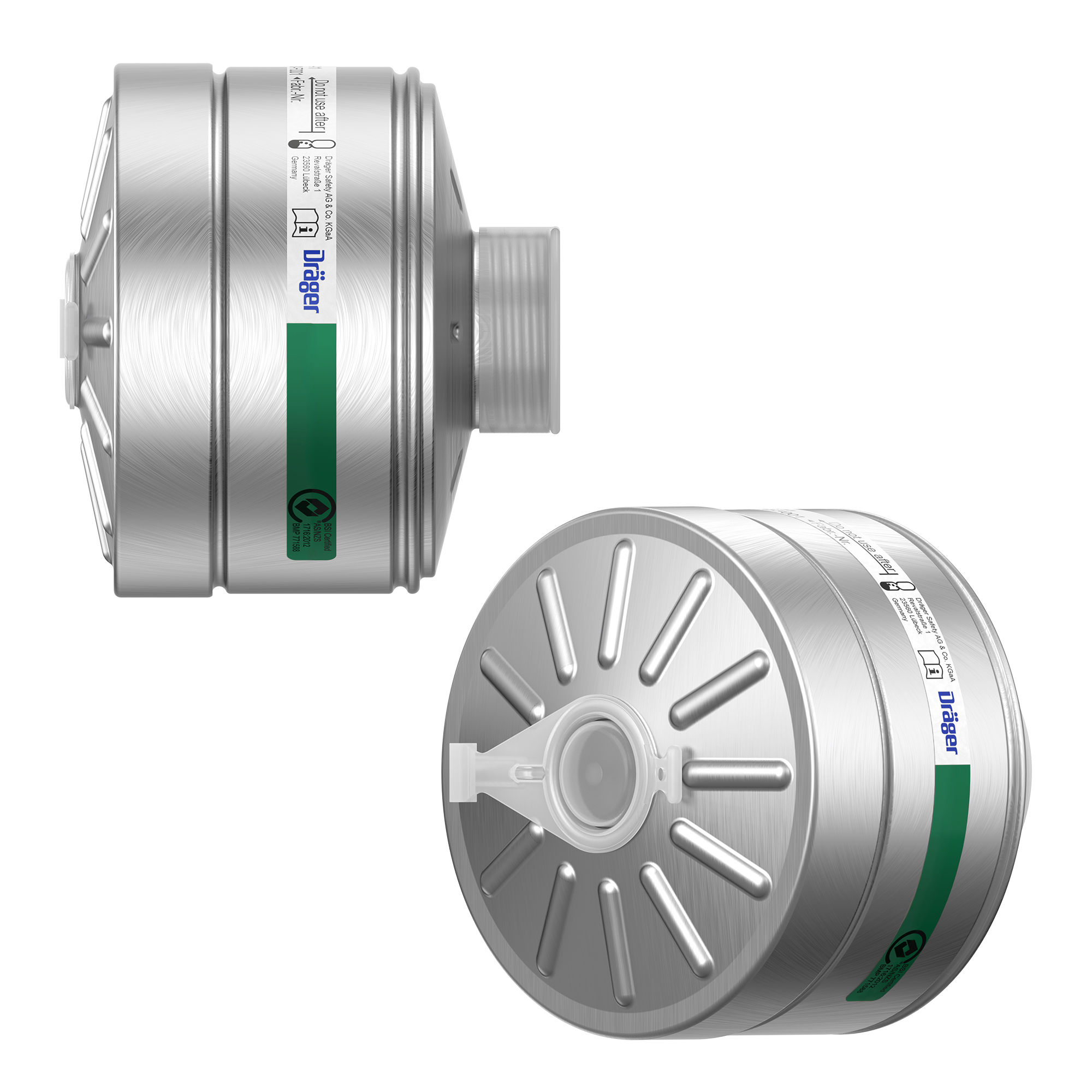 Zwei graue Dräger Rd40 Filter mit grüner Kennzeichnung.