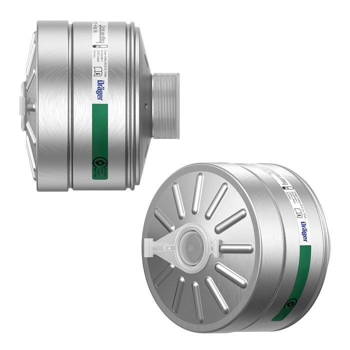 Dräger Rd40 K2 Filter für Atemschutzgeräte Zwei graue Dräger Rd40 Filter mit grüner Kennzeichnung.