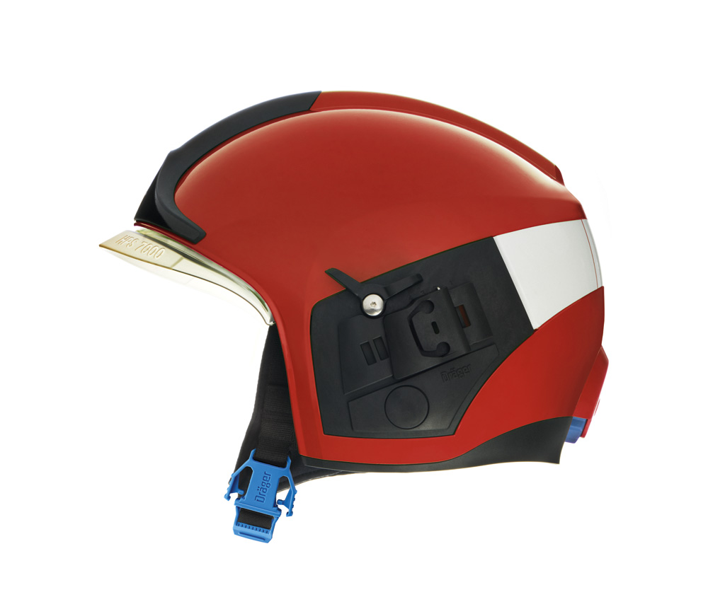 Feuerwehrhelm HPS 7000 rot RAL3000 Seitenansicht eines roten Feuerwehrhelms Dräger HPS 7000.
