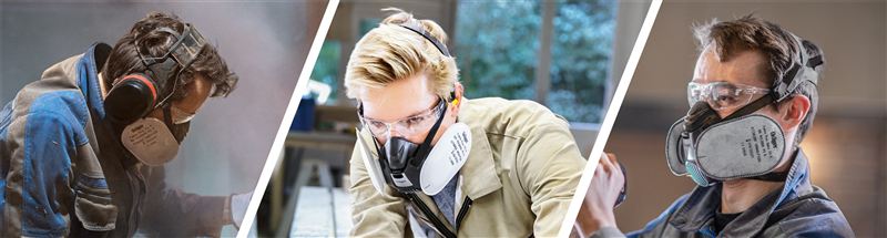 Atemschutzmasken für Arbeitsschutz Drei Personen tragen verschiedene Atemschutzmasken bei unterschiedlichen Tätigkeiten.