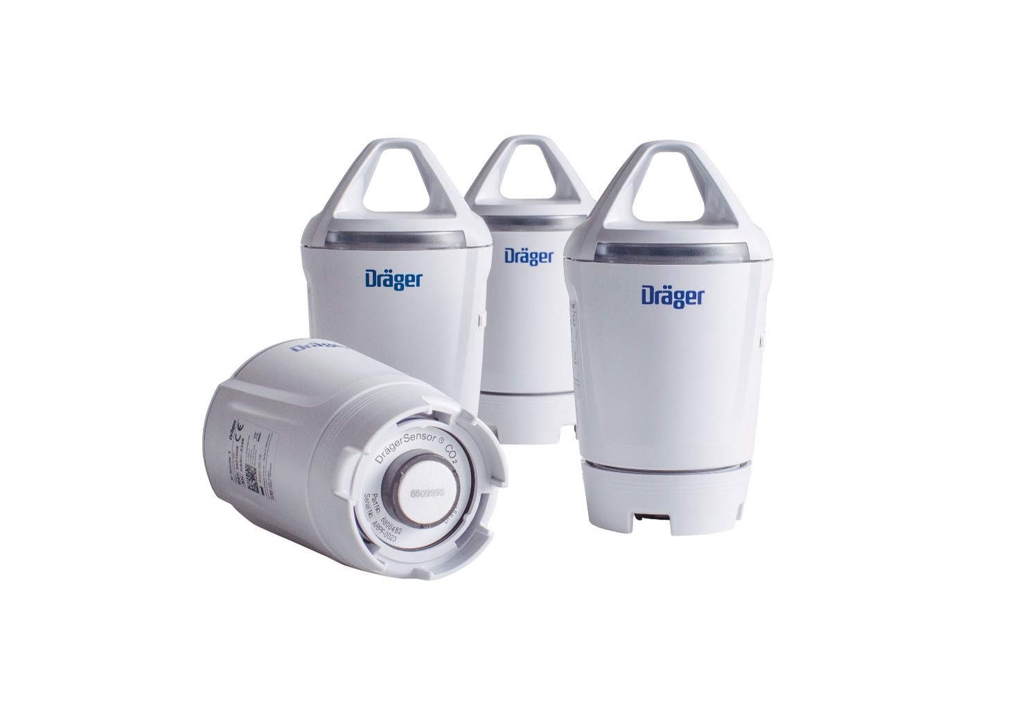 Drei weiße Dräger Sicherheitssensoren auf weißem Hintergrund.