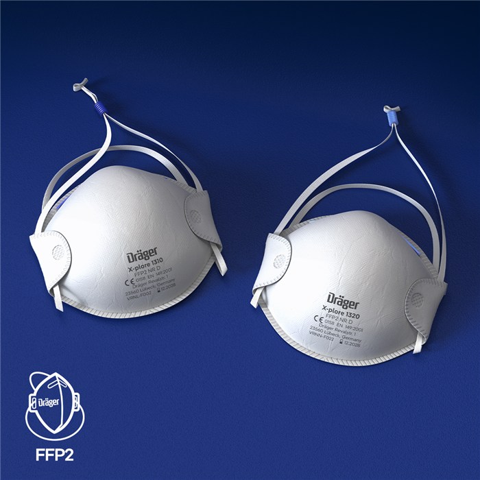 Dräger X-plore 1320 Schutzmasken FFP2 Zwei weiße FFP2-Schutzmasken mit elastischen Bändern auf blauem Hintergrund.