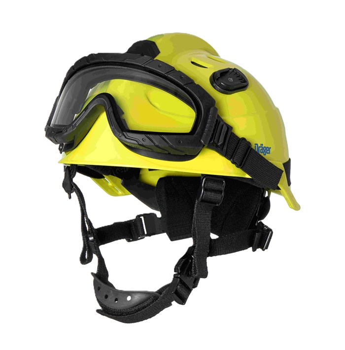 Dräger Feuerwehrhelm mit Schutzbrille Gelber Schutzhelm mit integriertem Visier und Polsterung.