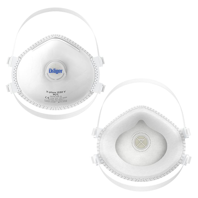 V-förmige Schutzmaske X-plore 1330 V Zwei weiße Schutzmasken, Vorder- und Rückansicht mit Haltebändern.
