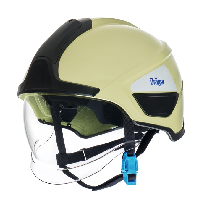 Feuerwehrhelm von Dräger Sicherheitstechnik Gelber Feuerwehrhelm mit Visier und Dräger-Logo.