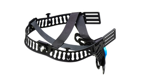 Schwarze Kopfhalterung mit Riemen und Verstellclips.
