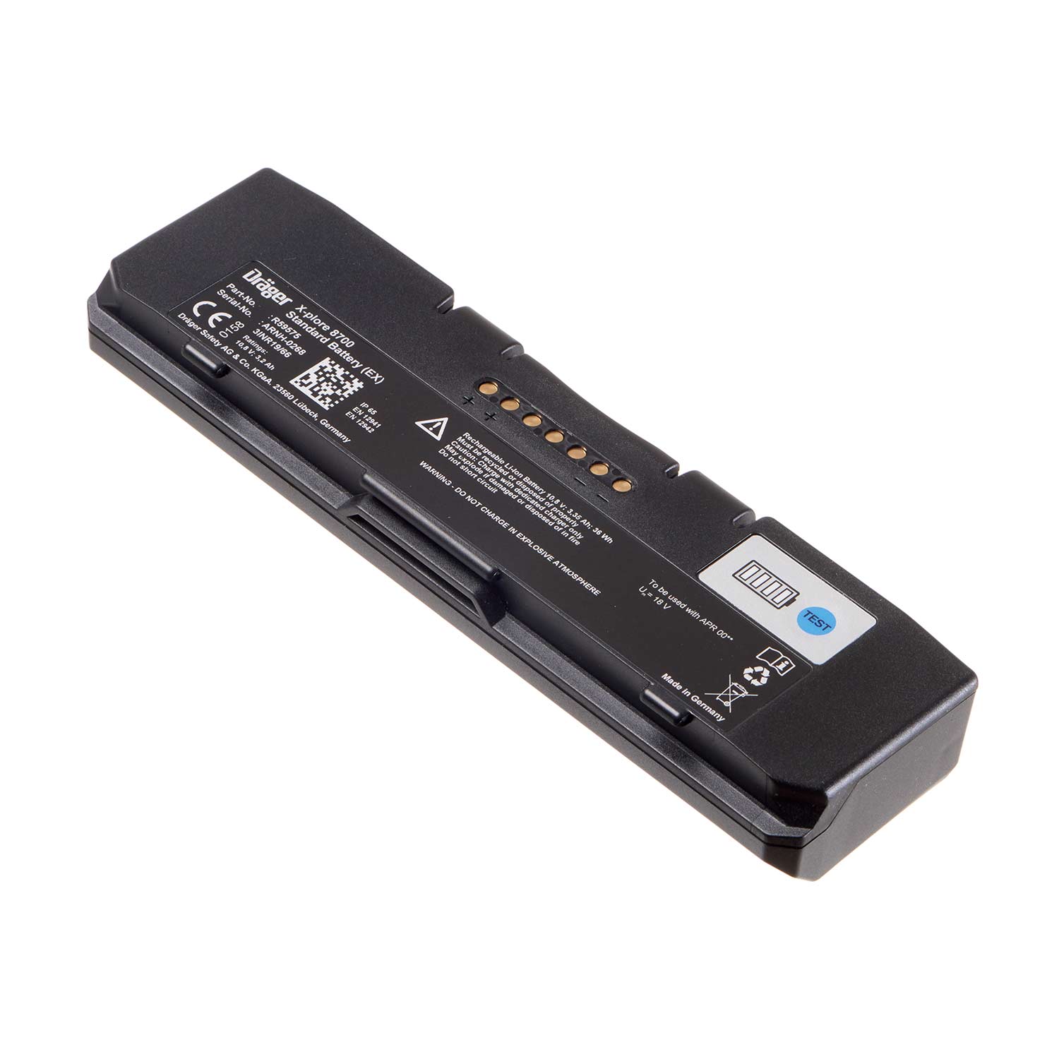 X-plore 8700 Standardbatterie (EX) Rechteckige schwarze Batterie mit Kontaktpins und Etiketten.