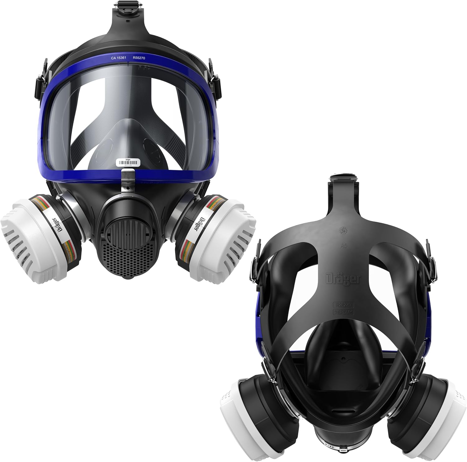 Volle Schutzmaske Dräger X-plore 5500 Zwei Ansichten der Dräger X-plore 5500 Gasmaske mit Filter.