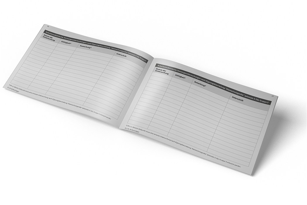 Atemschutzpass für Sicherheitstechnik Ein geöffnetes Heft mit Tabellen zur Atemschutzdokumentation.