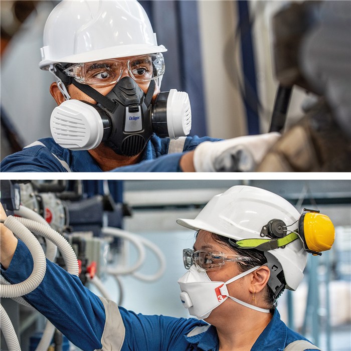 Schutzbrille X-pect 2400 von Dräger Arbeiter trägt Schutzbrille und Atemmaske bei Wartungsarbeiten.