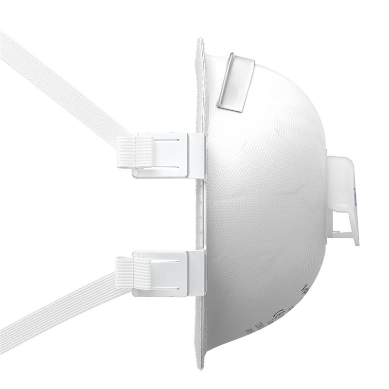 Dräger X-plore 1330V Atemschutzmaske seitlich Seitliche Ansicht der weißen Atemschutzmaske mit Ventil und verstellbaren Bändern.