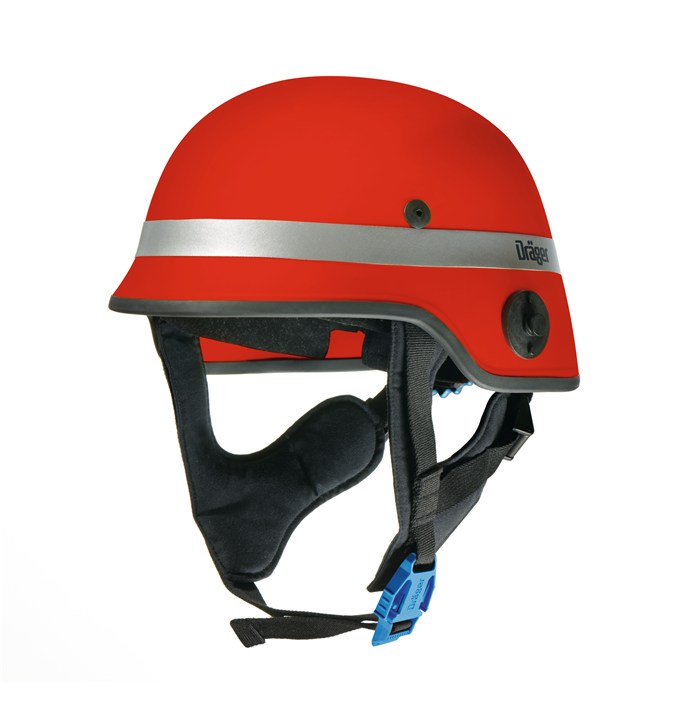 Feuerwehrhelm Dräger HPS 4500 in Rot Roter Feuerwehrhelm mit silbernem Streifen und Dräger-Logo.