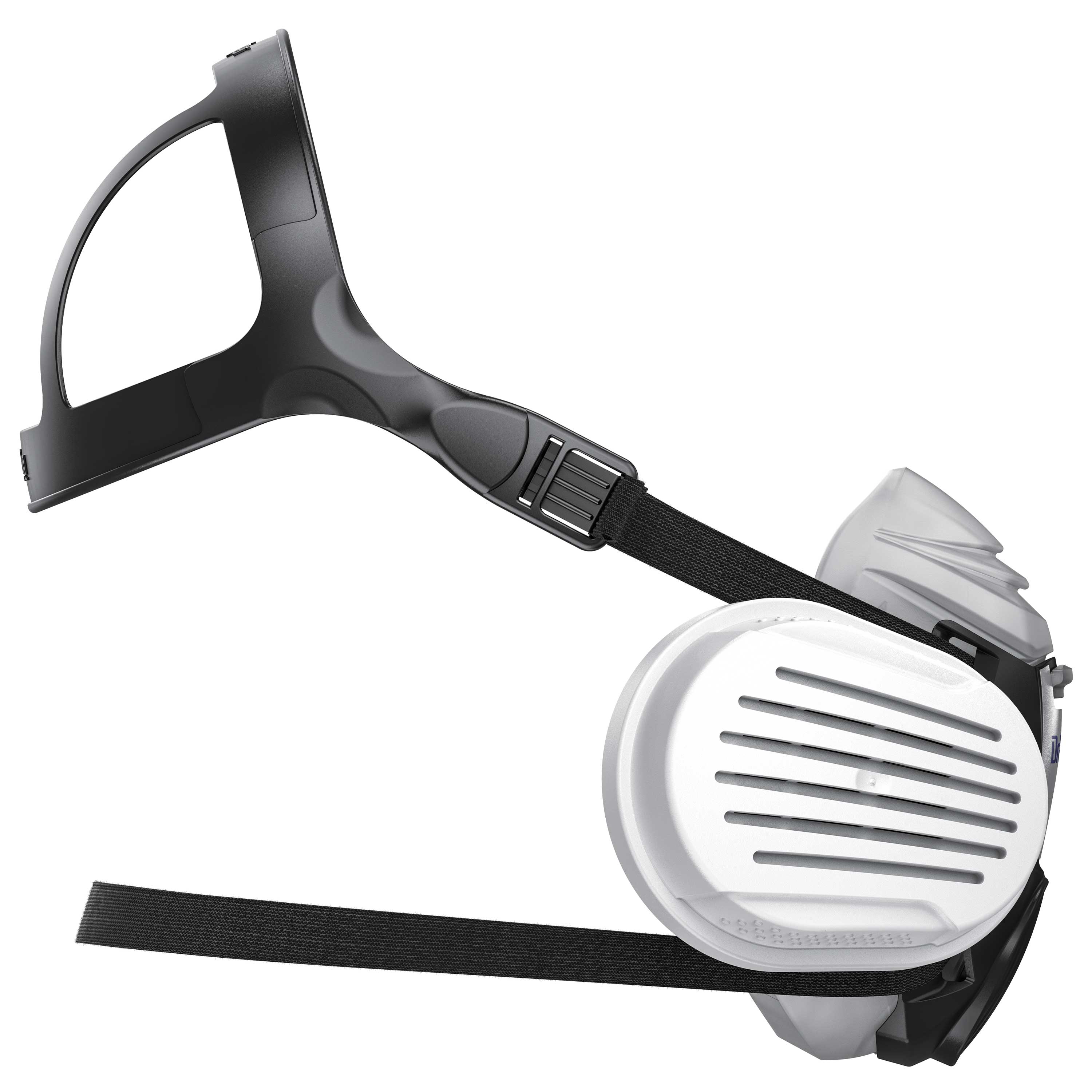 Seitliche Ansicht der Dräger Halbmaske X-plore 3300 mit Gurten und Filter.