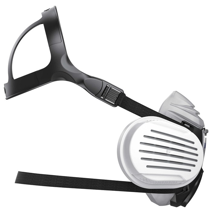 Halbmaske X-plore 3300 von Dräger Seitliche Ansicht der Dräger Halbmaske X-plore 3300 mit Gurten und Filter.