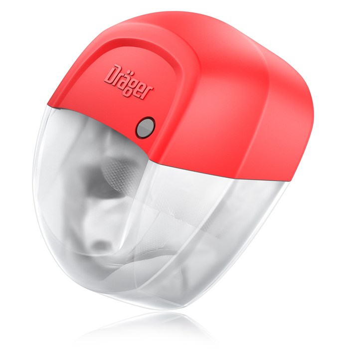 Dräger Brandschutz-Haube in Rot Transparente Schutzausrüstung mit rotem Gehäuse, Markenlogo sichtbar.