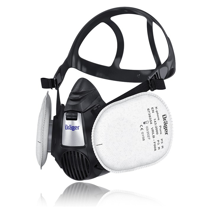 Dräger X-plore 3500 Atemschutzmaske Halbmaske mit zwei weißen P3-Partikelfiltern, schwarz getragen