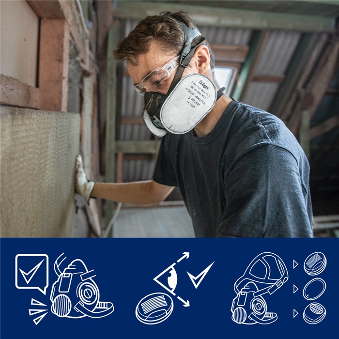 Atemschutzmaske Dräger X-plore 3500 Pure P3 Person trägt Atemschutzmaske Dräger X-plore 3500 bei Bauarbeiten.