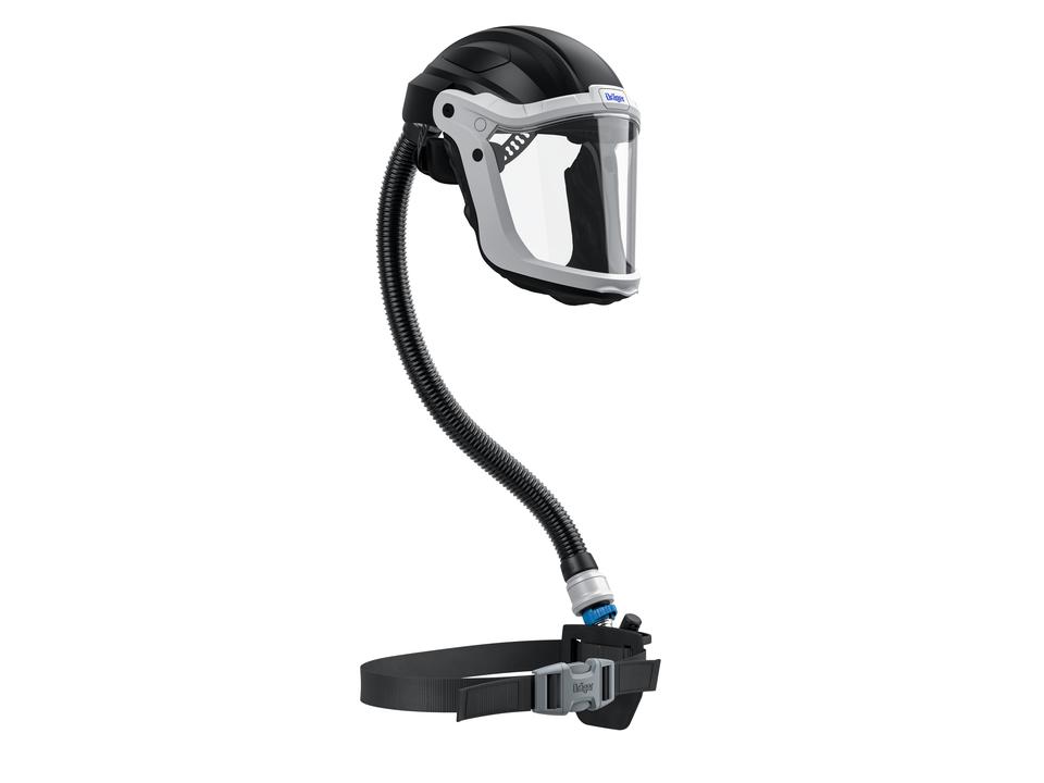 Vollgesichtsmaske mit Atemschutzschlauch Dräger Vollgesichtsmaske mit Atemschutzschlauch und Gürtel zur Sicherstellung der Atemluftversorgung.
