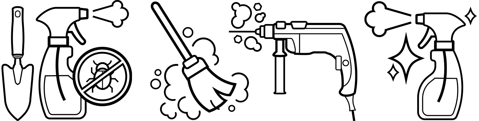 Dräger X-plore 1910V Produkticons Icons von Sprühflasche, Schaufel, Kehrbesen, Bohrmaschine.