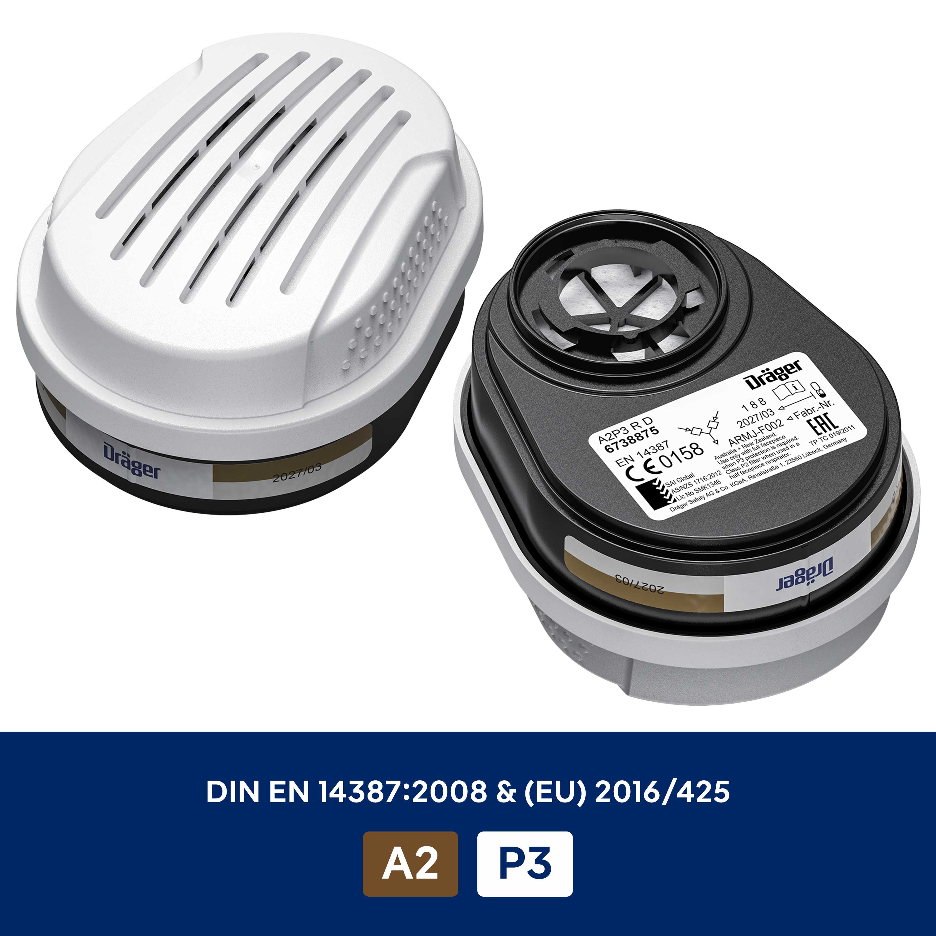 Zwei A2P3 Filter für die Dräger X-plore 3300 Halbmaske.
