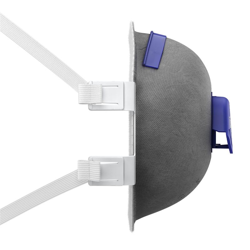 Atemschutzmaske Dräger X-plore 1330V Odour Graue Atemschutzmaske mit weißen Bändern und blauen Ventilen.