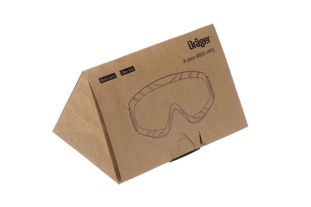 Dräger X-pect 4800 HPS Verpackung Verpackung mit Skizze einer Schutzbrille, X-pect 4800 HPS von Dräger. Rechteckige Kartonform mit Logo.