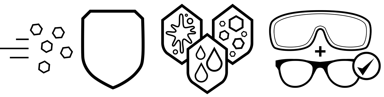 Schutzfunktionen der Dräger Schutzbrillen Icons zeigen Schutz gegen Partikel, chemische Einflüsse und Augenschutz durch Brillen.