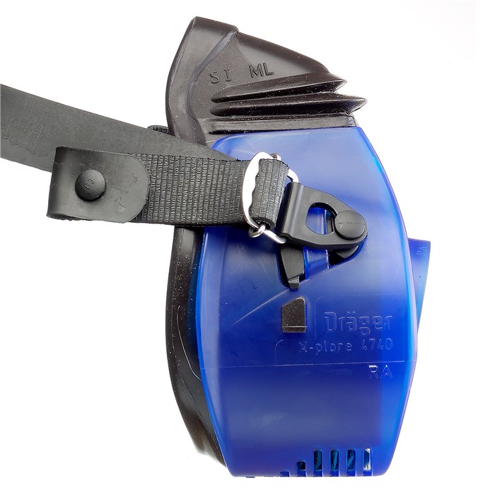 Nahaufnahme der blauen Dräger X-plore 4740 TPE-Halbmaske mit Kopfband.