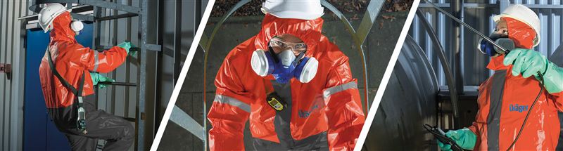 Dräger Schutzkleidung SPC 2400 Arbeiter in orangefarbener Schutzkleidung mit Atemschutzmaske.