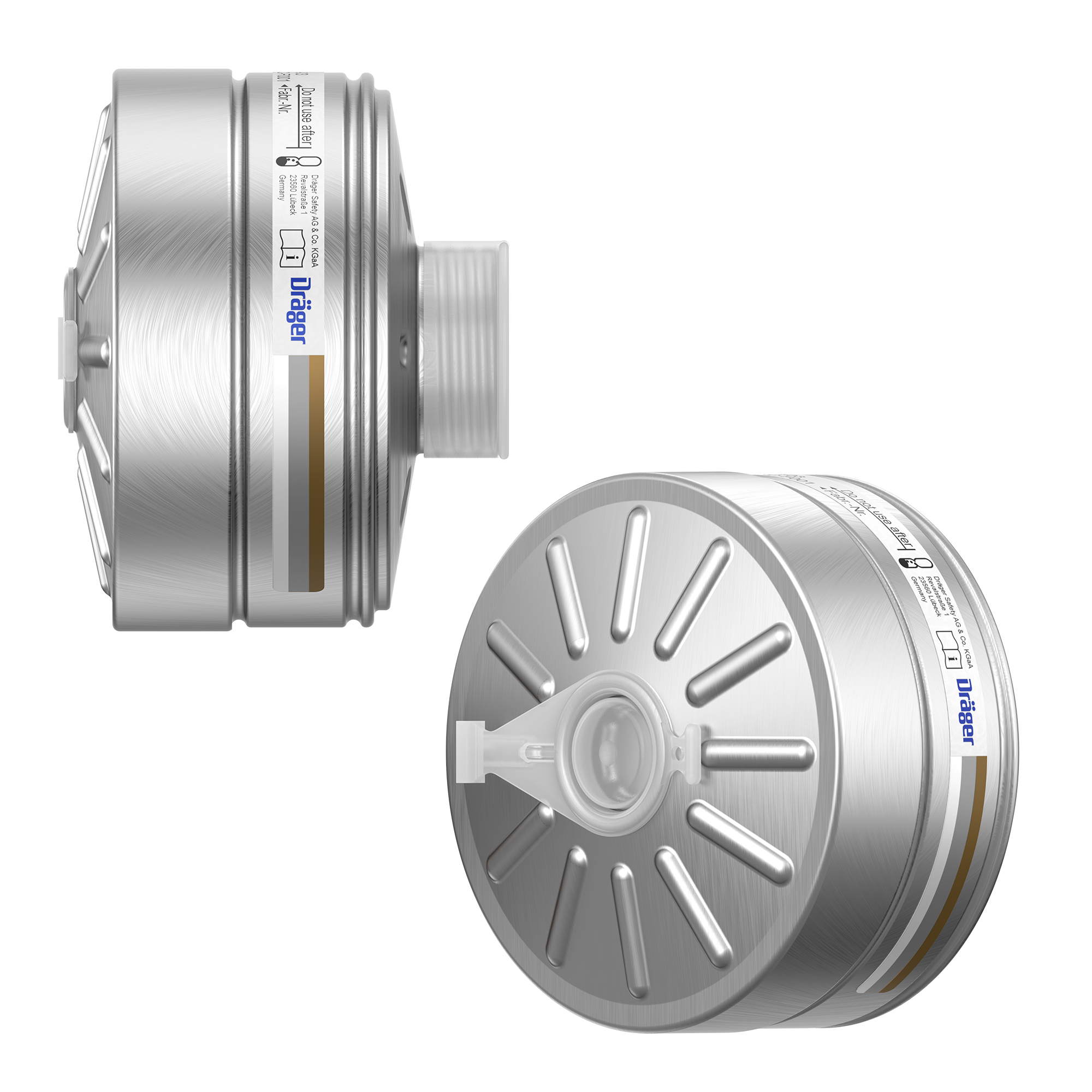 Zwei silberne Dräger Atemschutzfilter mit Gewindeanschluss.