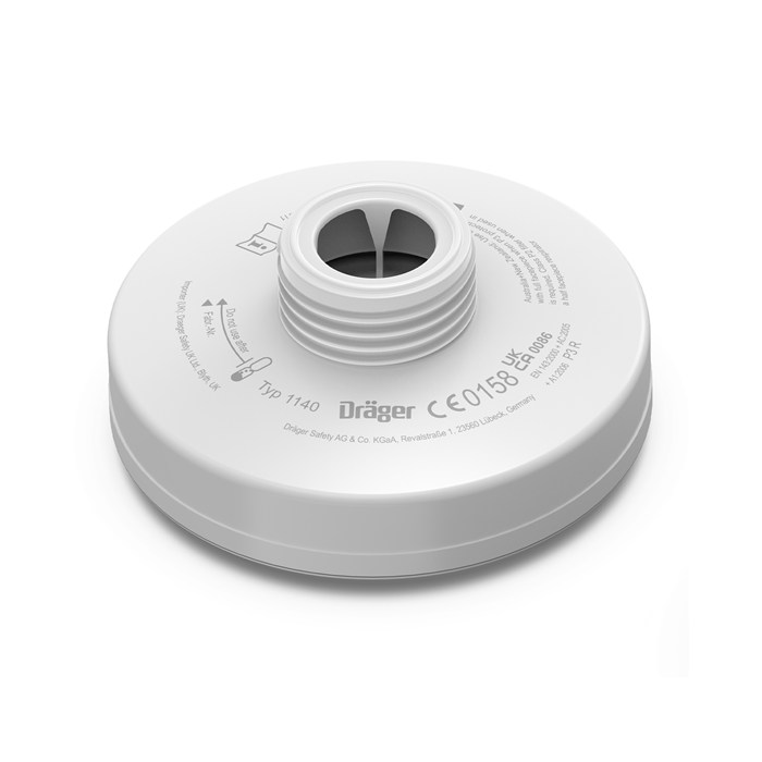 Dräger P3 Filter Rd40 für Atemschutzmasken Weißer runder Filter mit Gewindeanschluss und CE-Kennzeichnung.