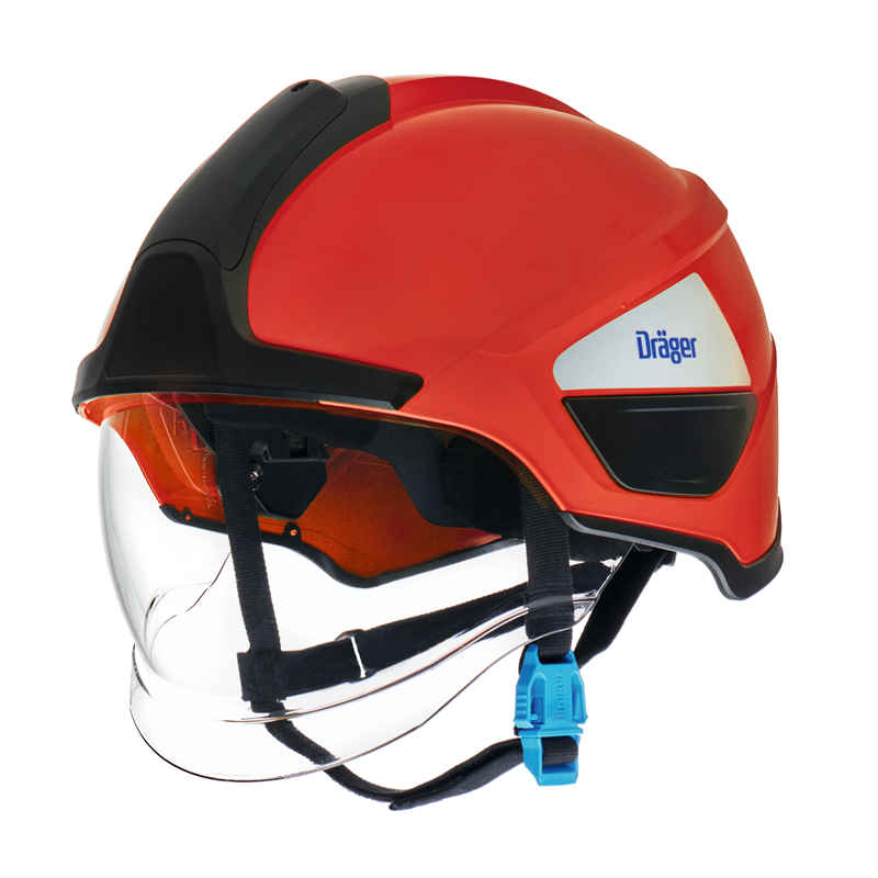 Feuerwehrhelm Dräger für Sicherheitsausrüstung Rot-schwarzer Sicherheitshelm von Dräger, seitlich gezeigt.