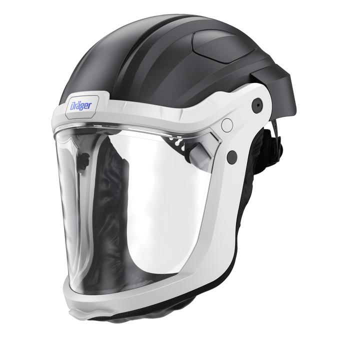 Schutzhelm mit Vollgesichtsmaske von Dräger Schwarzer Schutzhelm mit transparenter Vollgesichtsmaske.