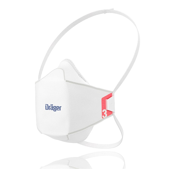 Dräger Atemschutzmaske X-plore 1930 Weiße Atemschutzmaske mit elastischen Bändern und Dräger-Logo.
