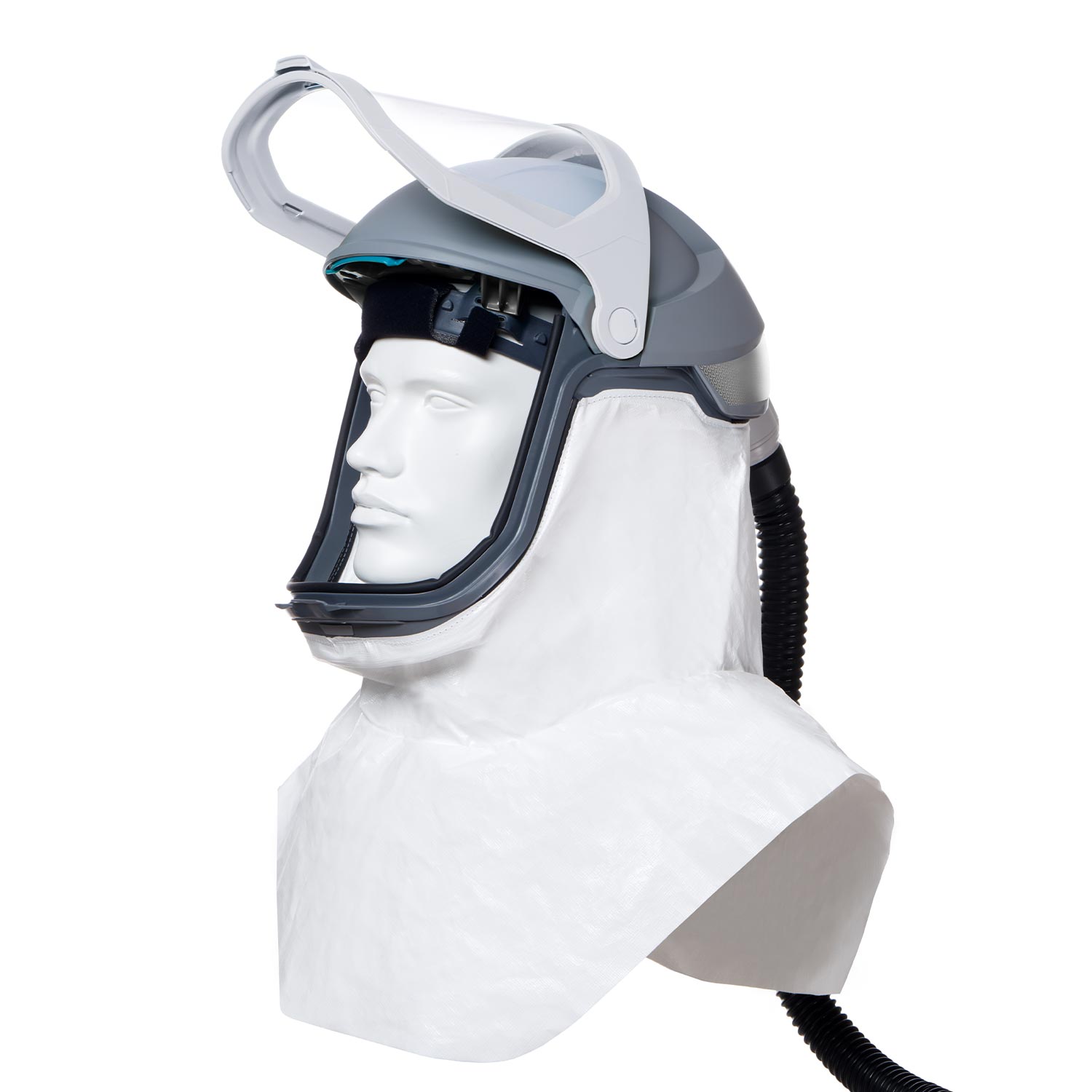 Grau-weißer Helm mit durchsichtigem Visier geöffnet