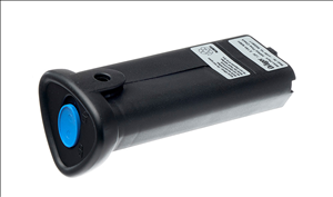 Dräger Gaswarnsensor mit blauem Knopf Schwarzer Gaswarnsensor von Dräger, zylindrisch mit blauem Knopf und Etikett.