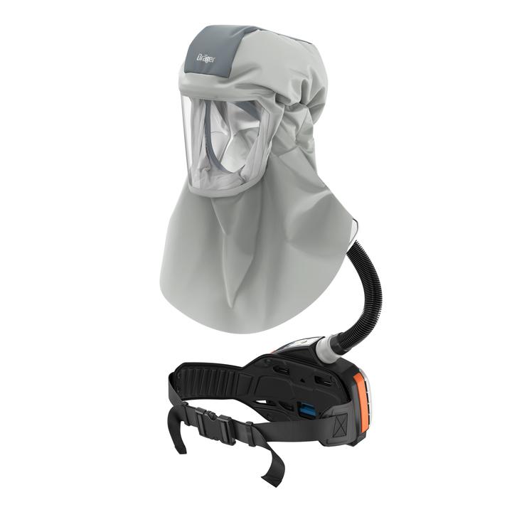 Sicherheitsatemschutz von Dräger Grauer Atemschutzhelm mit integriertem Filtersystem und Gürtel.