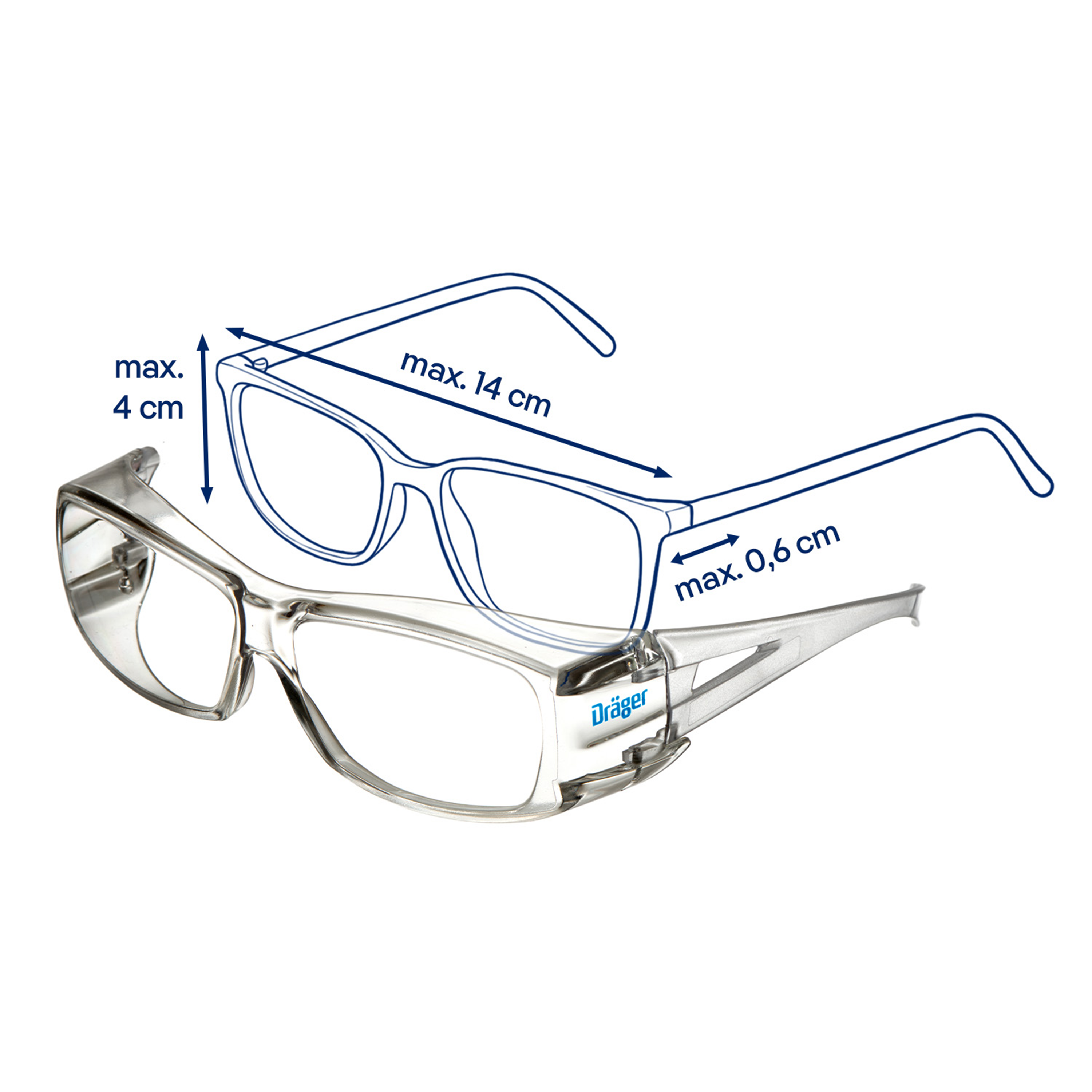 Transparente Korrektionsschutzbrille mit Maßen zur Anpassung.