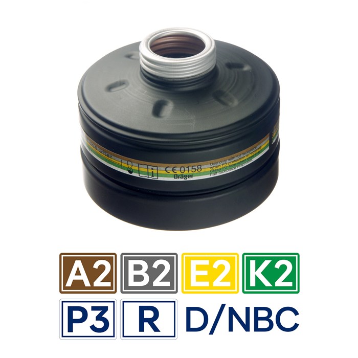 Panorama Nova Filter mit verschiedenen Schutzstufe Dräger Gasfilter mit farbkodierten Schutzstufenlabels.
