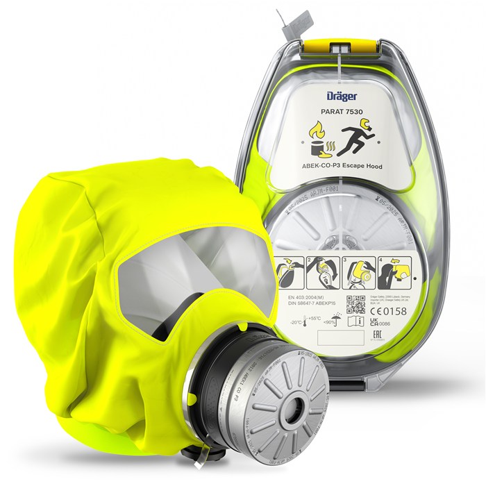 Fluchtmaske Dräger PARAT 7530 Gelbe Fluchtmaske mit Atemfilter und Verpackung.