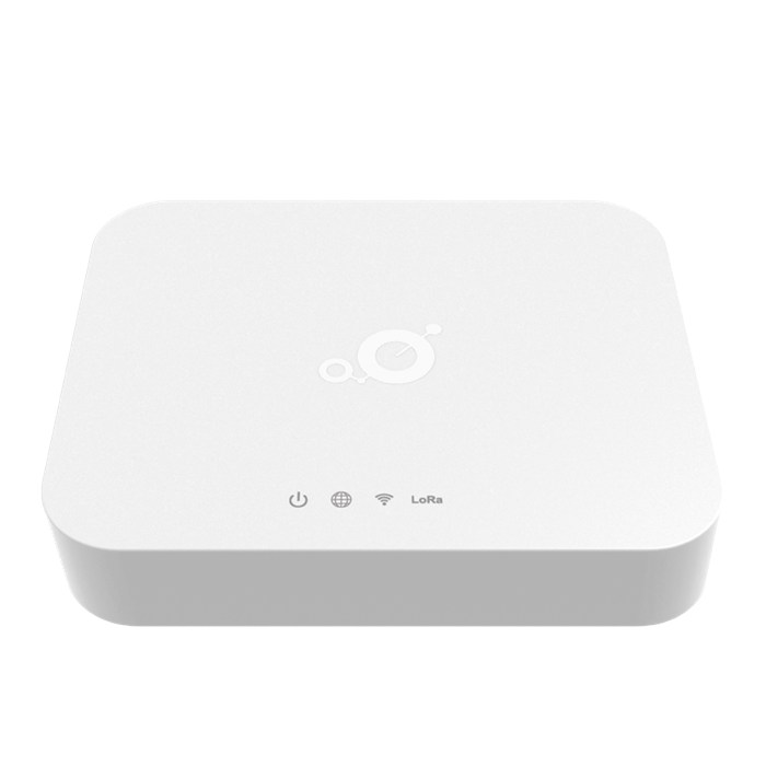 Weißes Gateway mit Symbolen für Strom, Internet und LoRa.