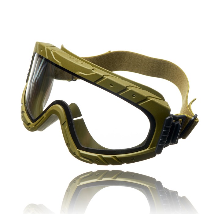Schutzbrille Dräger X-pect 4900 oliv Schützende Schutzbrille mit olivfarbenem Rahmen und verstellbarem Band, ideal für Sicherheitsanwendungen.