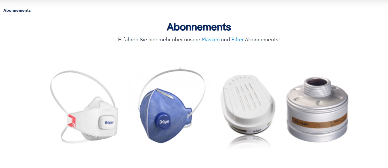 Atemschutzmasken und Filter-Abonnements Vier Atemschutzmasken und Filter von Dräger nebeneinander.