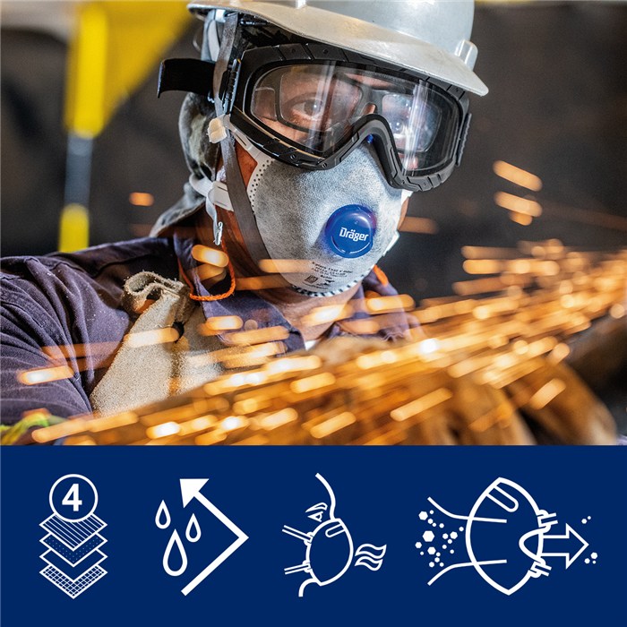 Atemschutzmaske X-plore 1330V Odour Handwerker schweißt mit Funkenflug, trägt Schutzmaske und Helm, darunter Schutzicons für Schichten, Flüssigkeit, Geruch.
