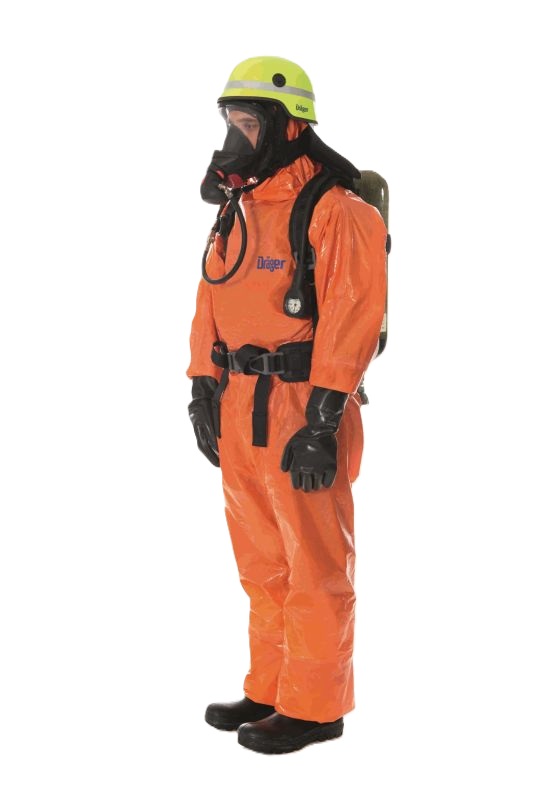 Schutzanzug mit Atemgerät von Dräger Person in orangefarbenem Schutzanzug mit Helm und Atemgerät.