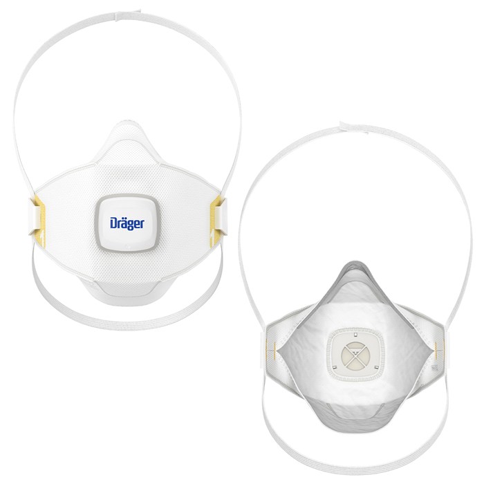 Dräger X-plore 1910V Atemschutzmaske Zwei weiße Atemschutzmasken, Vorder- und Rückansicht.