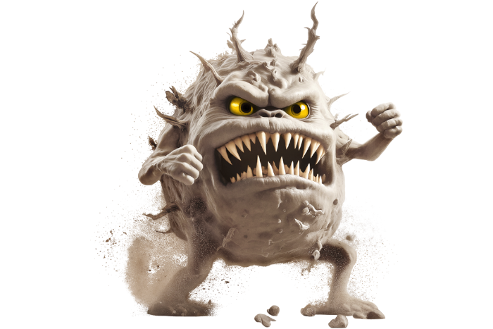 Feinstaub-Darstellung im Dräger Kontext Illustration eines feinstaubähnlichen Monsters mit gelben Augen und großen Zähnen.