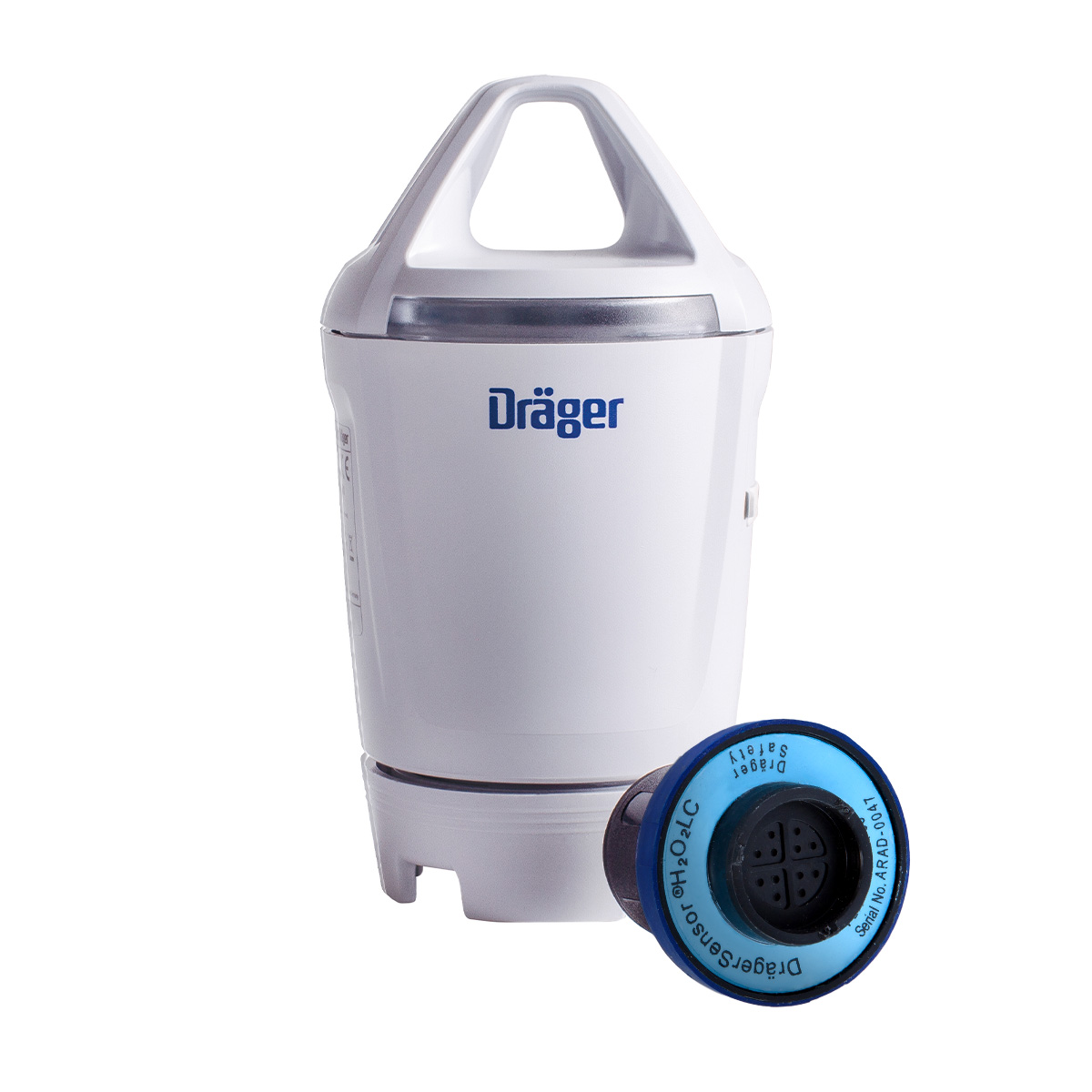 Dräger H2O2-X-node Sensorgerät Weißes Sicherheitsgerät und runder blauer Sensor von Dräger.