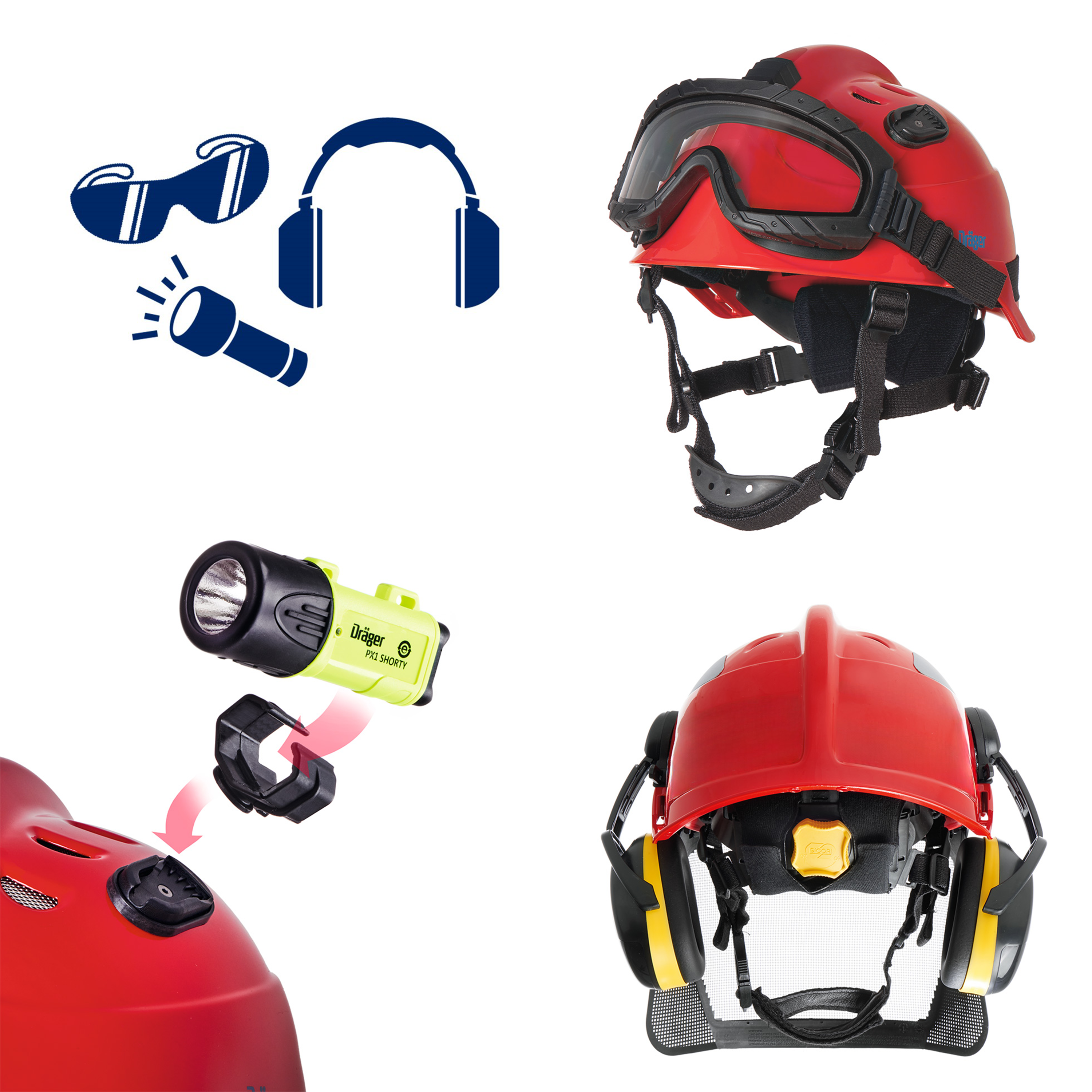 Roter Schutzhelm mit Taschenlampe und Ohrenschutz.