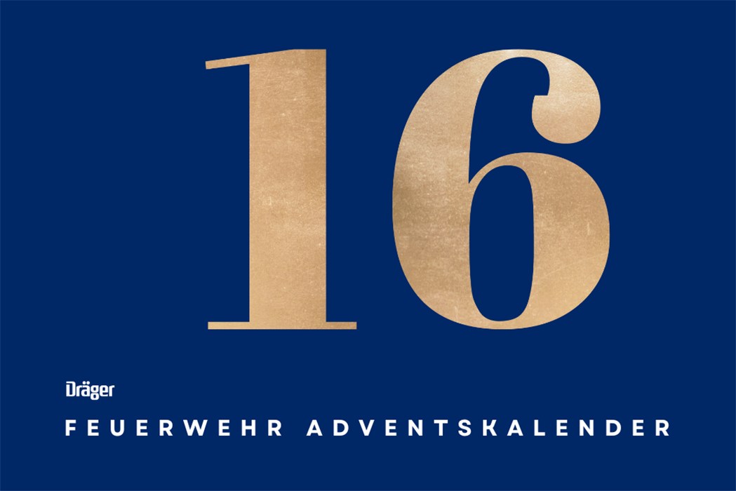 Dräger Feuerwehr-Adventskalender Tag 16 Blaues Feld mit goldener Zahl 16, Dräger Logo und Text "FEUERWEHR ADVENTSKALENDER".